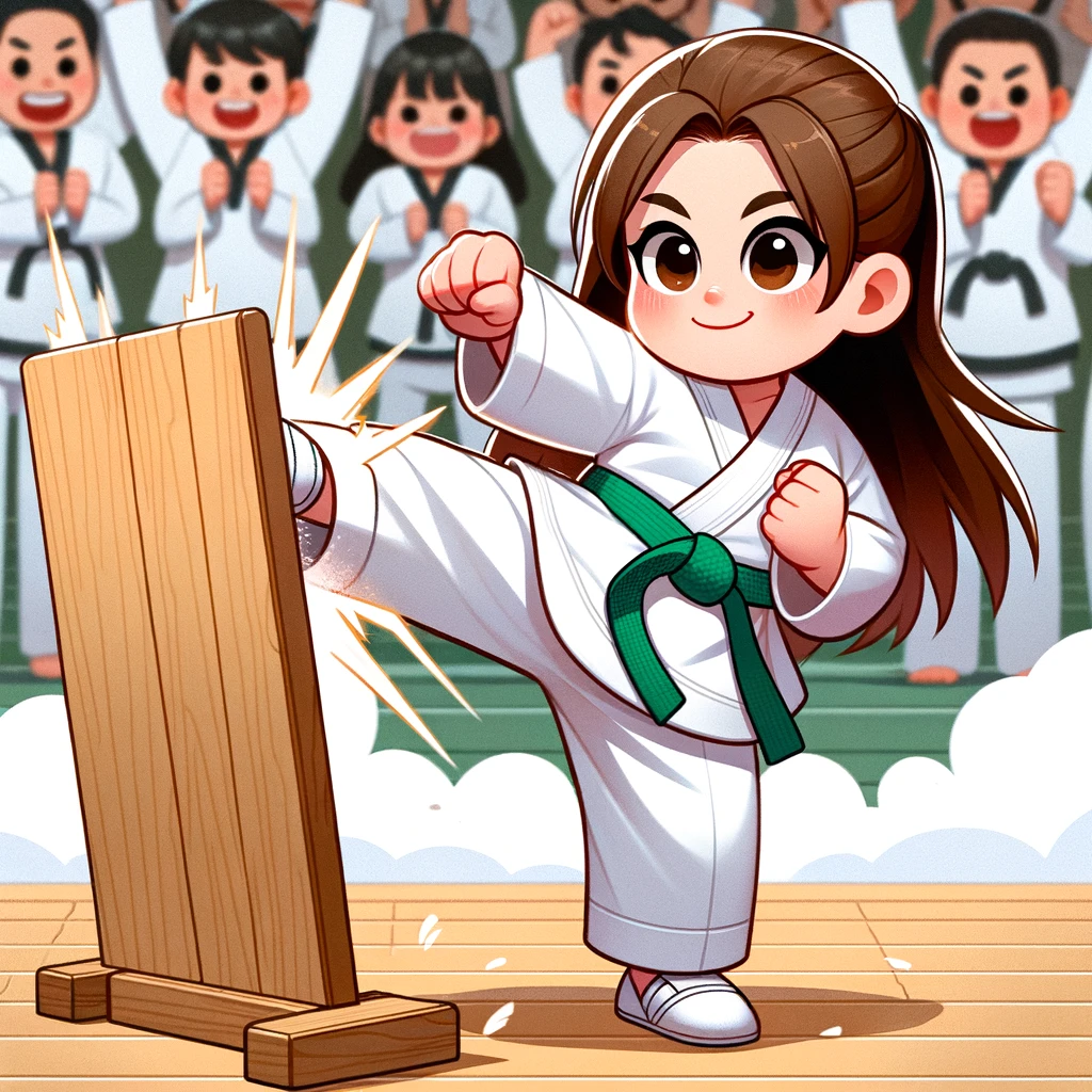 A young girl breaking a wooden board with a side kick.