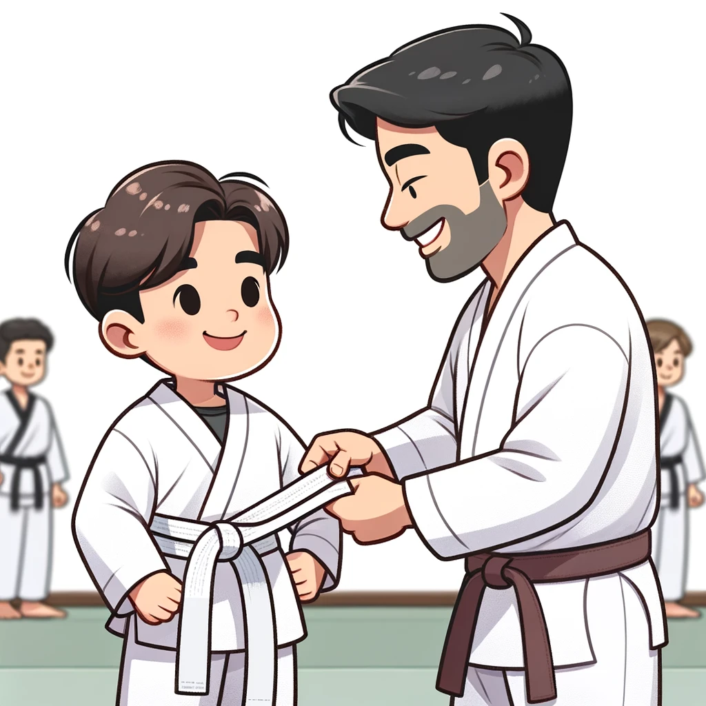 A Tae Kwon Do instructor tying a white belt around the waist of a young student, representing the start of the martial arts journey.
