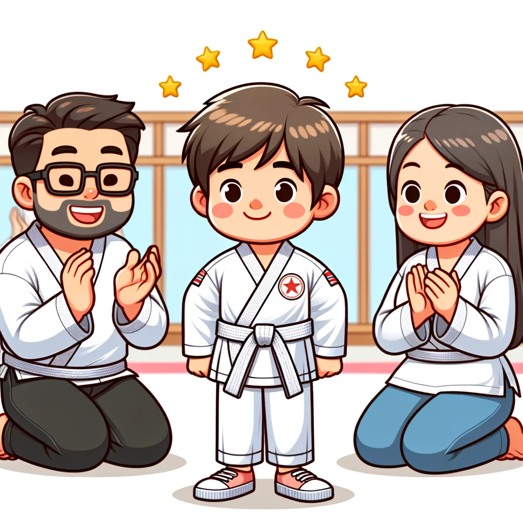 A young student proudly showing their first earned stripe to their family, highlighting the supportive environment of Tae Kwon Do training and the joy of reaching new milestones.
