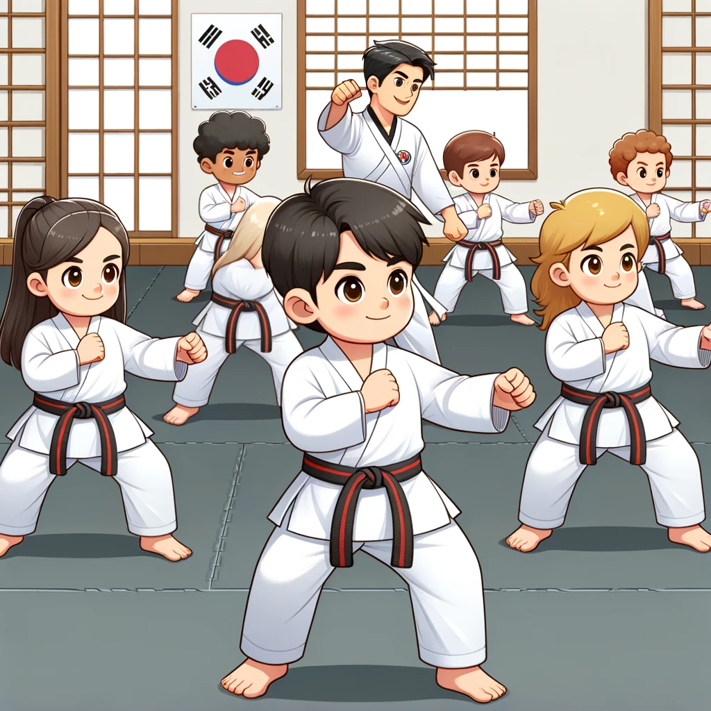A group of children with white belts practicing basic Tae Kwon Do stances, showing their commitment to learning.