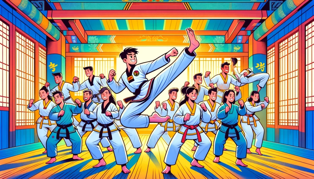 Cartoon dipiction of a Tae Kwon Do class